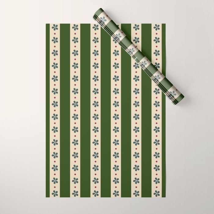 Green And Cream Stripes And Flowers Wrapping Paper Gallery Image 1