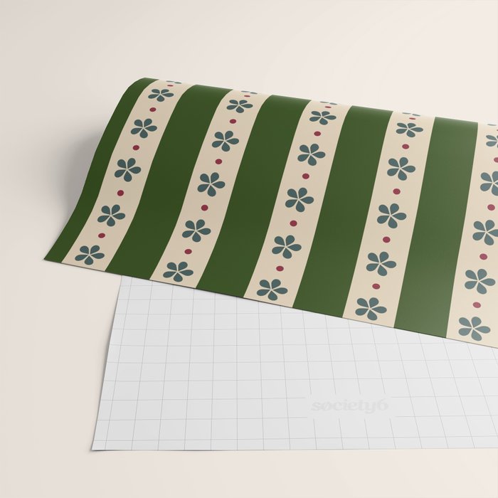 Green And Cream Stripes And Flowers Wrapping Paper Gallery Image 2