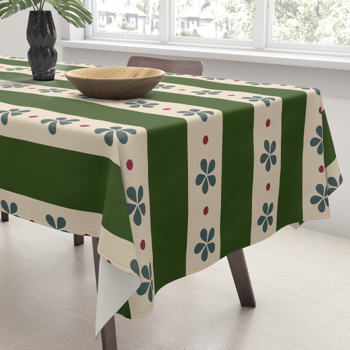 Green And Cream Stripes And Flowers Tablecloth Gallery Image 3