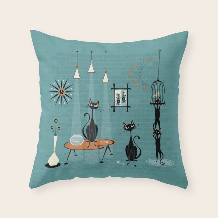 Mid Century Kitty Mishchief - w/ Orange ©studioxtine Throw Pillow Gallery Image 6
