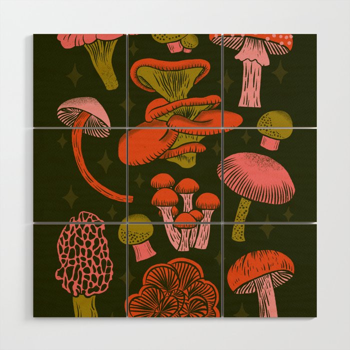 Texas Mushrooms - Bright Multicolor on Green Wood Wall Art Gallery Image 1