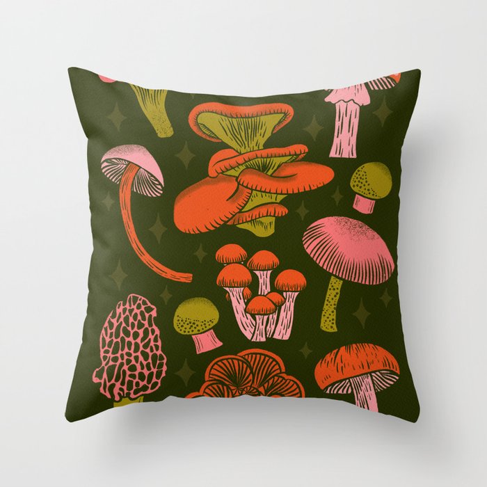Texas Mushrooms - Bright Multicolor on Green Throw Pillow Gallery Image 1