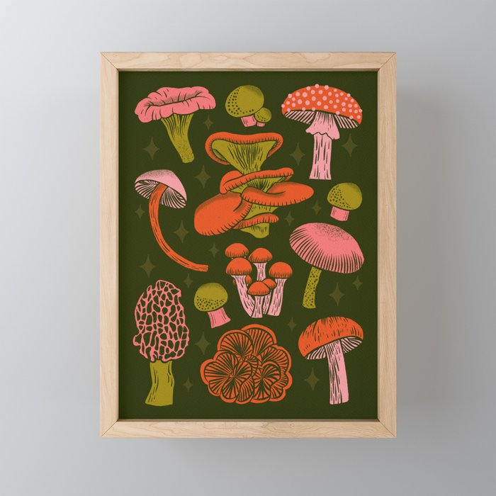 Texas Mushrooms - Bright Multicolor on Green Mini Art Print Gallery Image 1