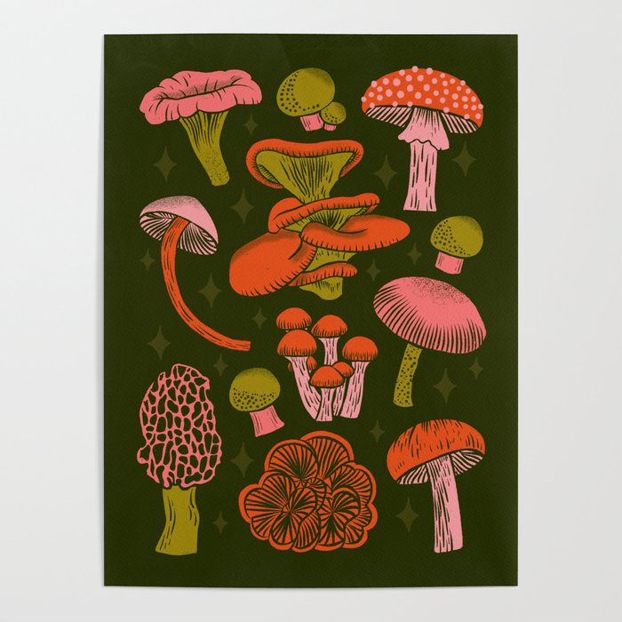Texas Mushrooms - Bright Multicolor on Green Poster Gallery Image 4