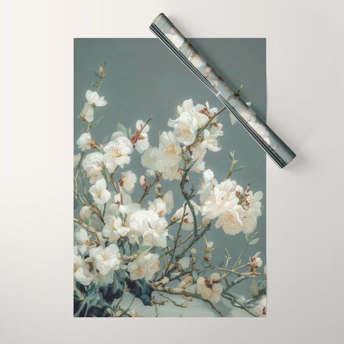 Cherry Blossom Painting Japanese Wall Art Floral Print Wabi Sabi Art Sage Green Poster japandi Art Wrapping Paper Gallery Image 1