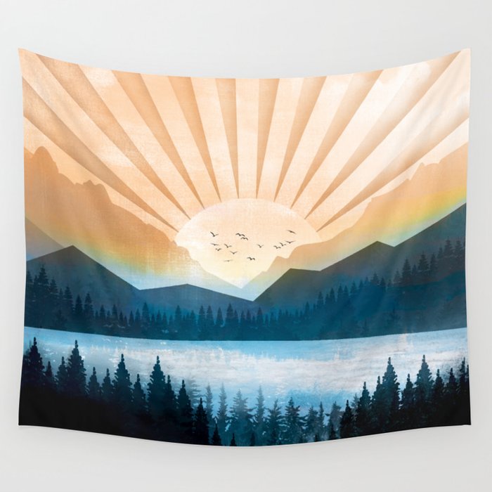 Mountain Lake Sunrise Wall Tapestry Gallery Image 4