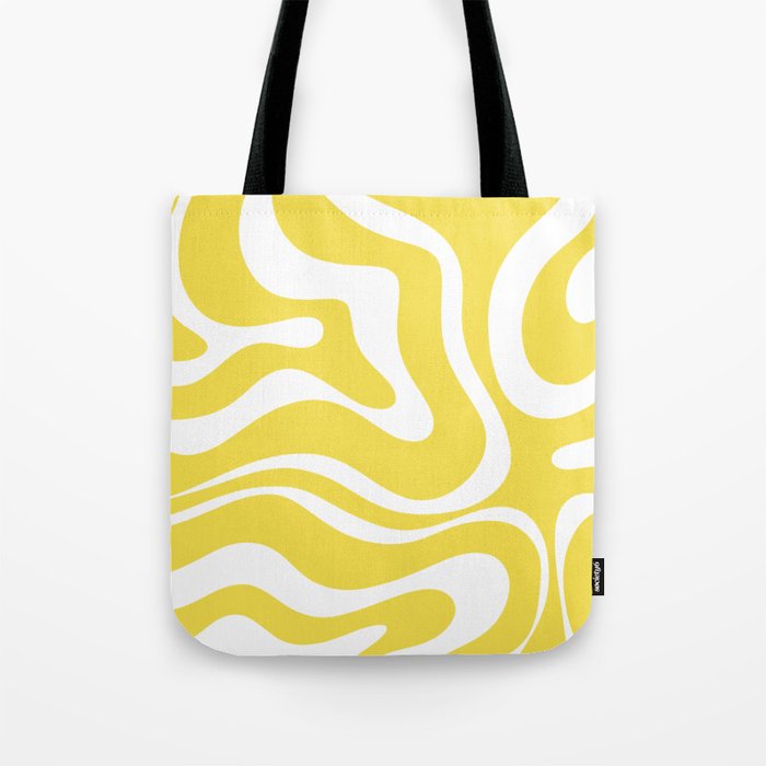 Retro Modern Liquid Swirl Abstract Pattern Square in Lemon Yellow and White Tote Bag Gallery Image 1