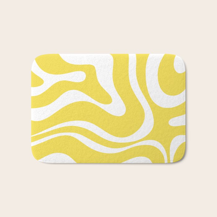 Retro Modern Liquid Swirl Abstract Pattern Square in Lemon Yellow and White Bath Mat Gallery Image 1