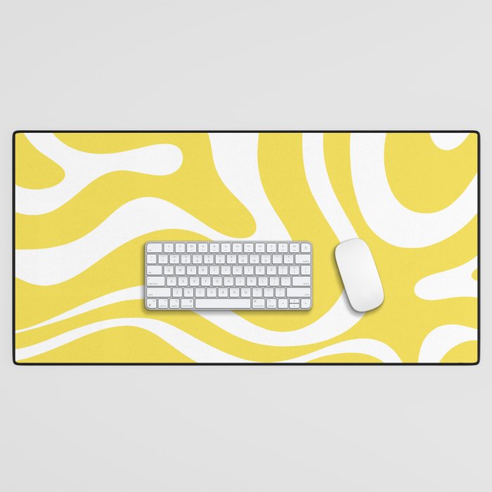 Retro Modern Liquid Swirl Abstract Pattern Square in Lemon Yellow and White Desk Mat Gallery Image 1