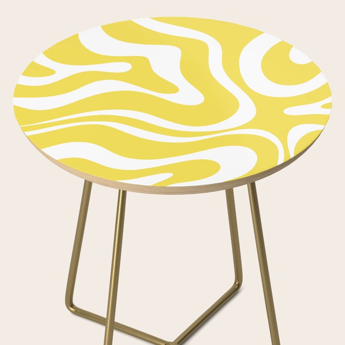 Retro Modern Liquid Swirl Abstract Pattern Square in Lemon Yellow and White Side Table Gallery Image 2