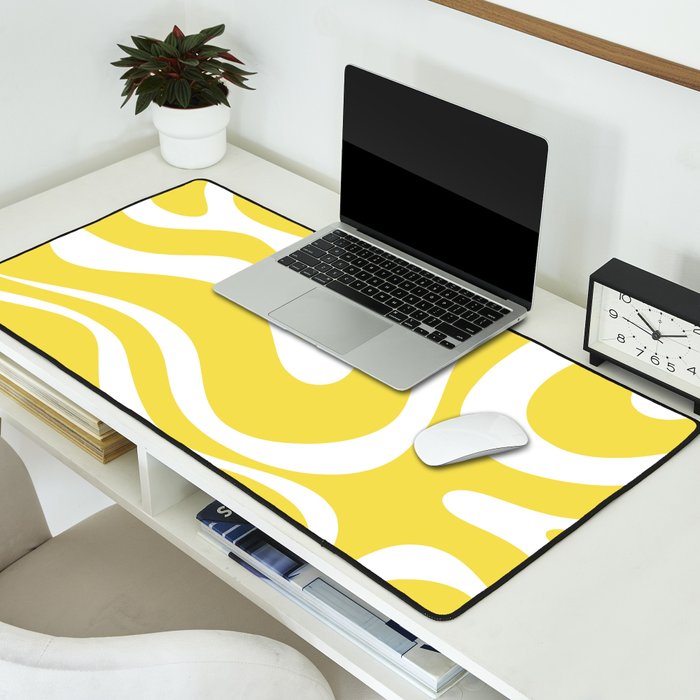 Retro Modern Liquid Swirl Abstract Pattern Square in Lemon Yellow and White Desk Mat Gallery Image 2
