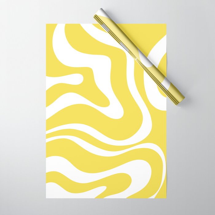 Retro Modern Liquid Swirl Abstract Pattern Square in Lemon Yellow and White Wrapping Paper Gallery Image 1