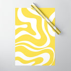 Retro Modern Liquid Swirl Abstract Pattern Square in Lemon Yellow and White Wrapping Paper Gallery Image 1