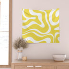 Retro Modern Liquid Swirl Abstract Pattern Square in Lemon Yellow and White Wall Tapestry Gallery Image 2