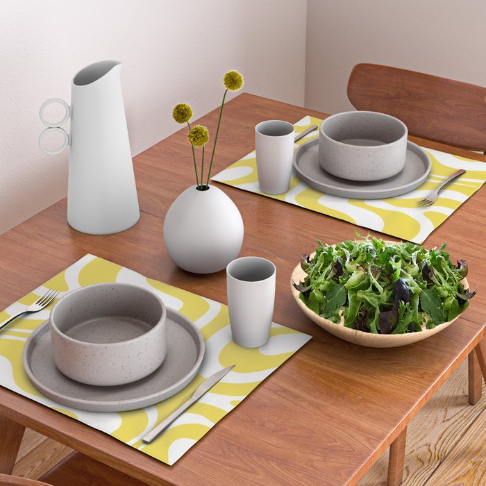 Retro Modern Liquid Swirl Abstract Pattern Square in Lemon Yellow and White Placemat Gallery Image 2