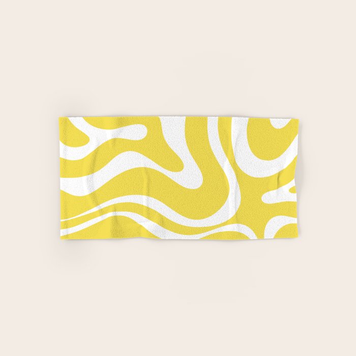 Retro Modern Liquid Swirl Abstract Pattern Square in Lemon Yellow and White Bath Towel Gallery Image 1
