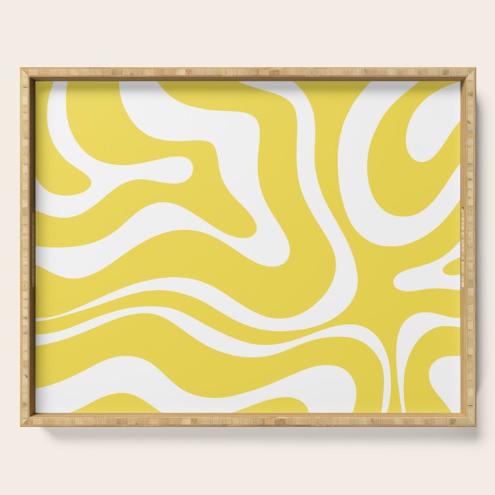 Retro Modern Liquid Swirl Abstract Pattern Square in Lemon Yellow and White Serving Tray Gallery Image 1