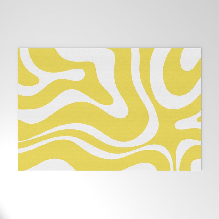Retro Modern Liquid Swirl Abstract Pattern Square in Lemon Yellow and White Welcome Mat Gallery Image 1