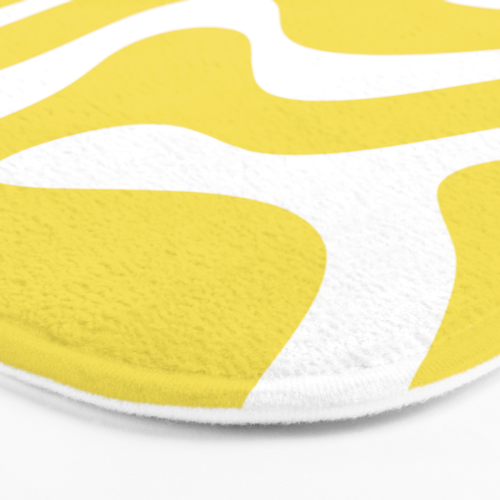 Retro Modern Liquid Swirl Abstract Pattern Square in Lemon Yellow and White Bath Mat Gallery Image 3
