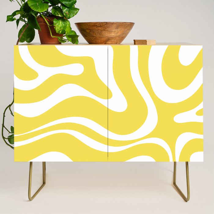 Retro Modern Liquid Swirl Abstract Pattern Square in Lemon Yellow and White Credenza Gallery Image 1