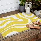 Retro Modern Liquid Swirl Abstract Pattern Square in Lemon Yellow and White Outdoor Rug Gallery Image 2