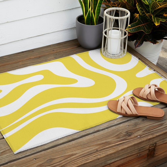 Retro Modern Liquid Swirl Abstract Pattern Square in Lemon Yellow and White Outdoor Rug Gallery Image 2