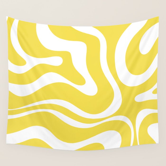 Retro Modern Liquid Swirl Abstract Pattern Square in Lemon Yellow and White Wall Tapestry Gallery Image 1