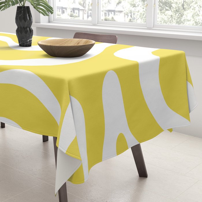 Retro Modern Liquid Swirl Abstract Pattern Square in Lemon Yellow and White Tablecloth Gallery Image 3