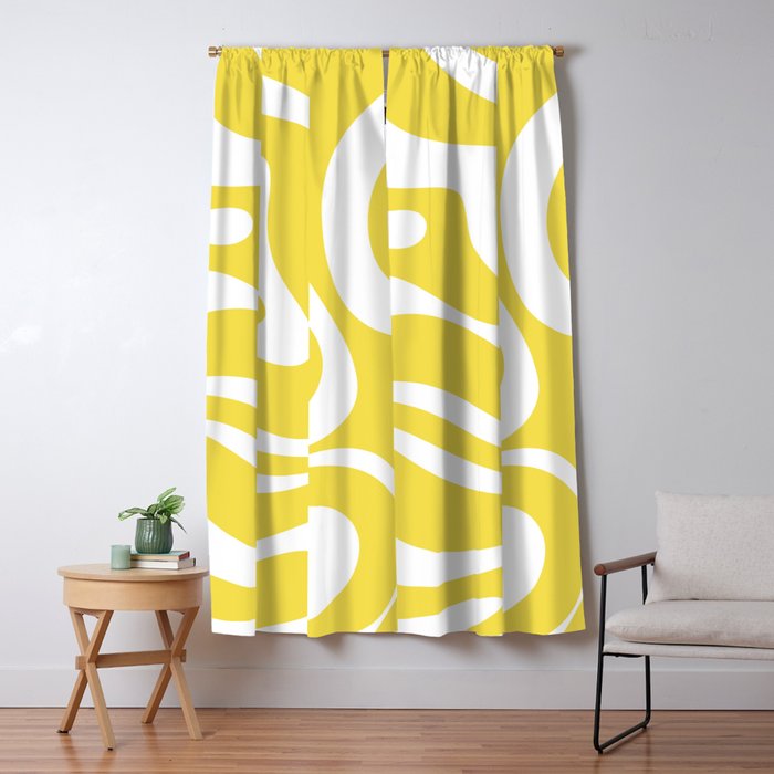 Retro Modern Liquid Swirl Abstract Pattern Square in Lemon Yellow and White Window Curtain Gallery Image 1