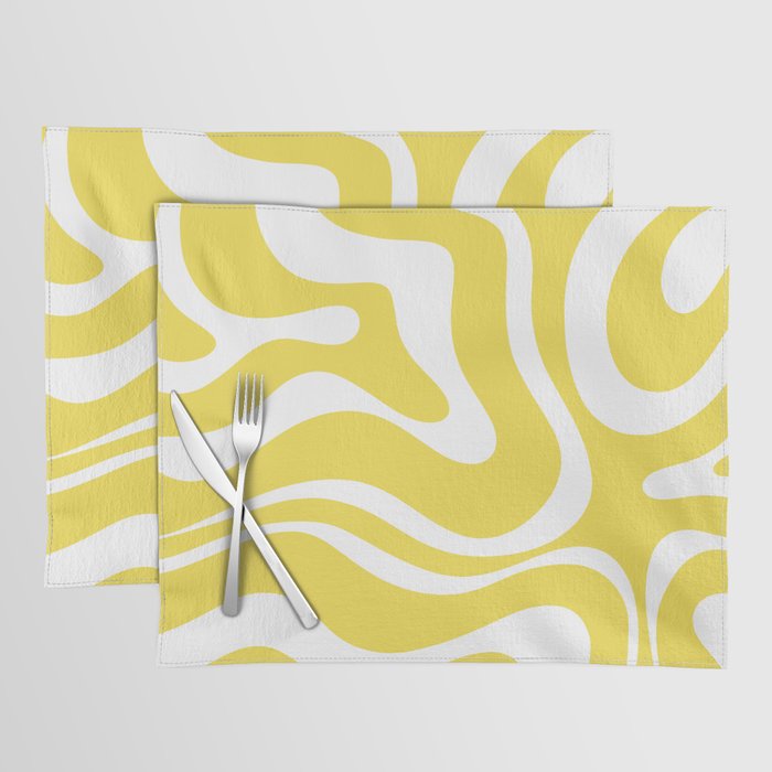 Retro Modern Liquid Swirl Abstract Pattern Square in Lemon Yellow and White Placemat Gallery Image 1