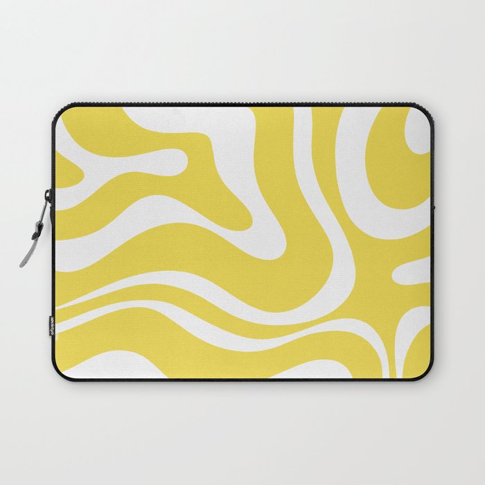 Retro Modern Liquid Swirl Abstract Pattern Square in Lemon Yellow and White Laptop Sleeve Gallery Image 1