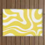 Retro Modern Liquid Swirl Abstract Pattern Square in Lemon Yellow and White Outdoor Rug Gallery Image 1