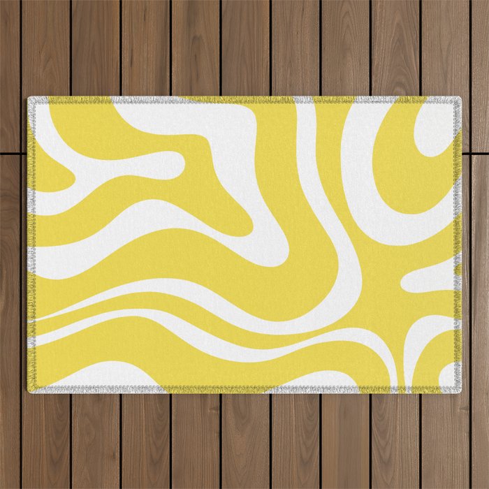 Retro Modern Liquid Swirl Abstract Pattern Square in Lemon Yellow and White Outdoor Rug Gallery Image 1