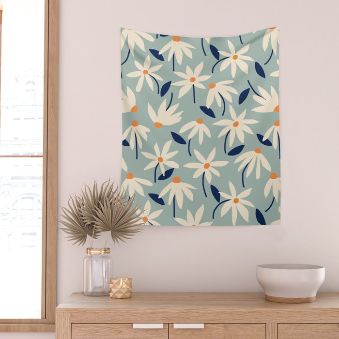 Drifting Daisies #2 - blue orange Wall Tapestry Gallery Image 2