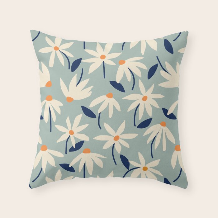 Drifting Daisies #2 - blue orange Throw Pillow Gallery Image 1