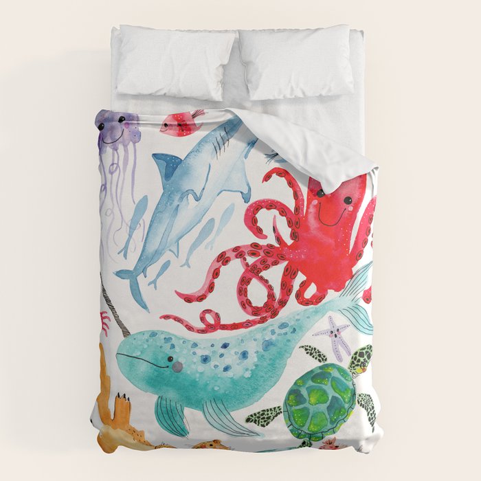 Ocean Creatures - Sea Animals Characters - Watercolor Duvet Cover Gallery Image 6