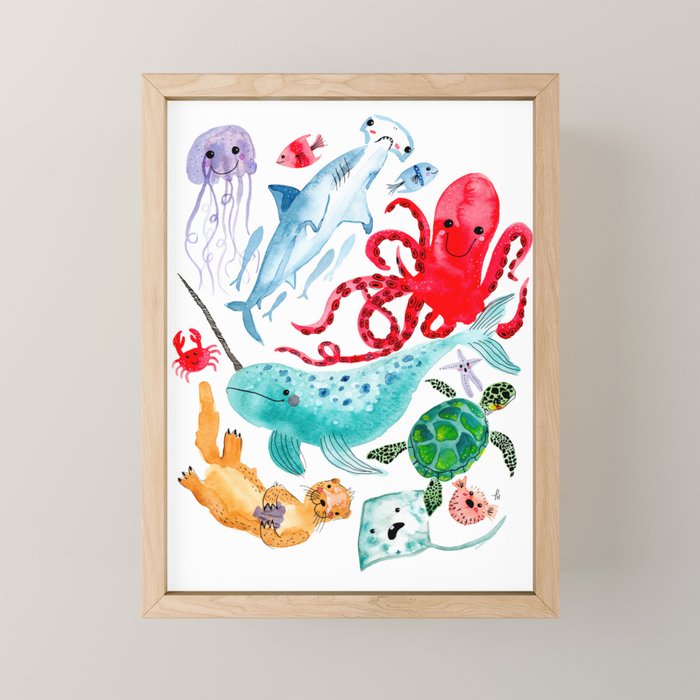 Ocean Creatures - Sea Animals Characters - Watercolor Mini Art Print Gallery Image 1