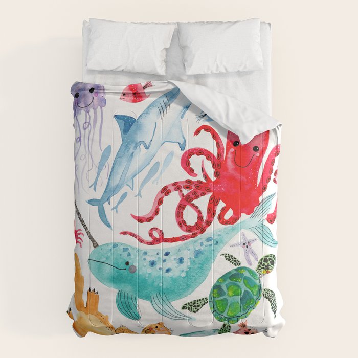 Ocean Creatures - Sea Animals Characters - Watercolor Comforter Gallery Image 1