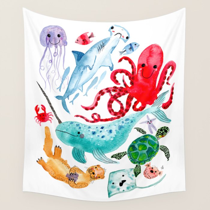 Ocean Creatures - Sea Animals Characters - Watercolor Wall Tapestry Gallery Image 1