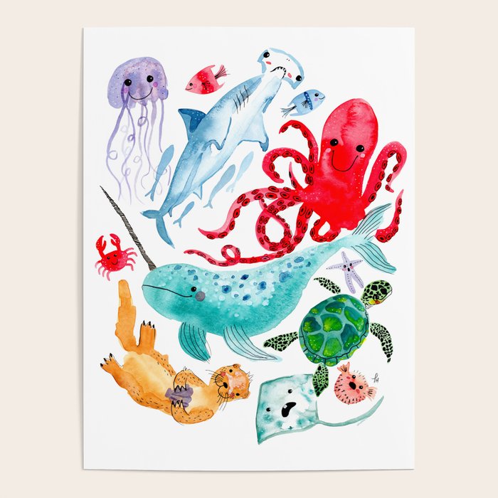 Ocean Creatures - Sea Animals Characters - Watercolor Poster Gallery Image 4
