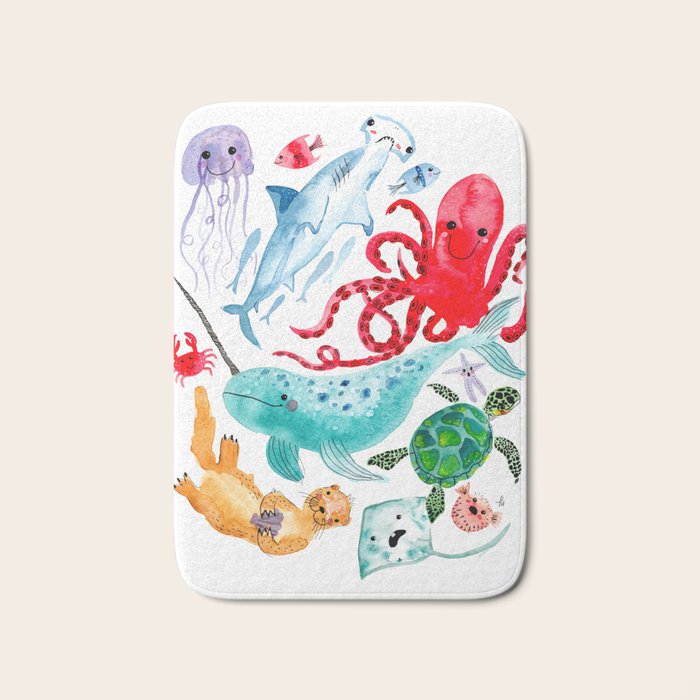 Ocean Creatures - Sea Animals Characters - Watercolor Bath Mat Gallery Image 1