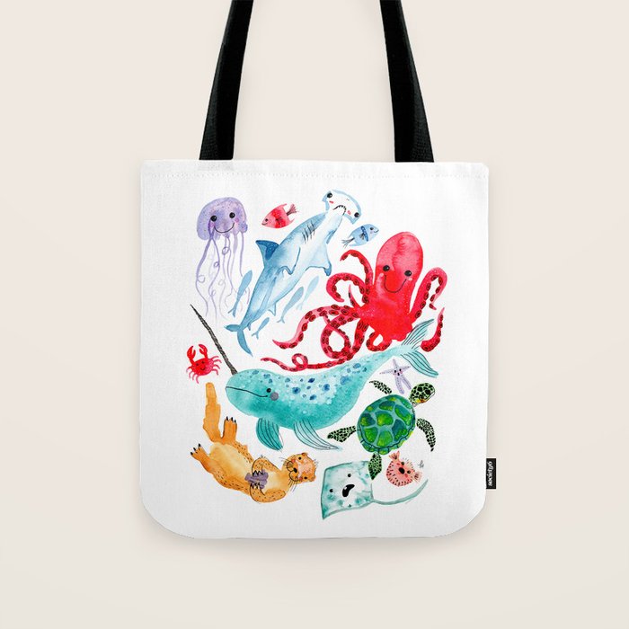 Ocean Creatures - Sea Animals Characters - Watercolor Tote Bag Gallery Image 1