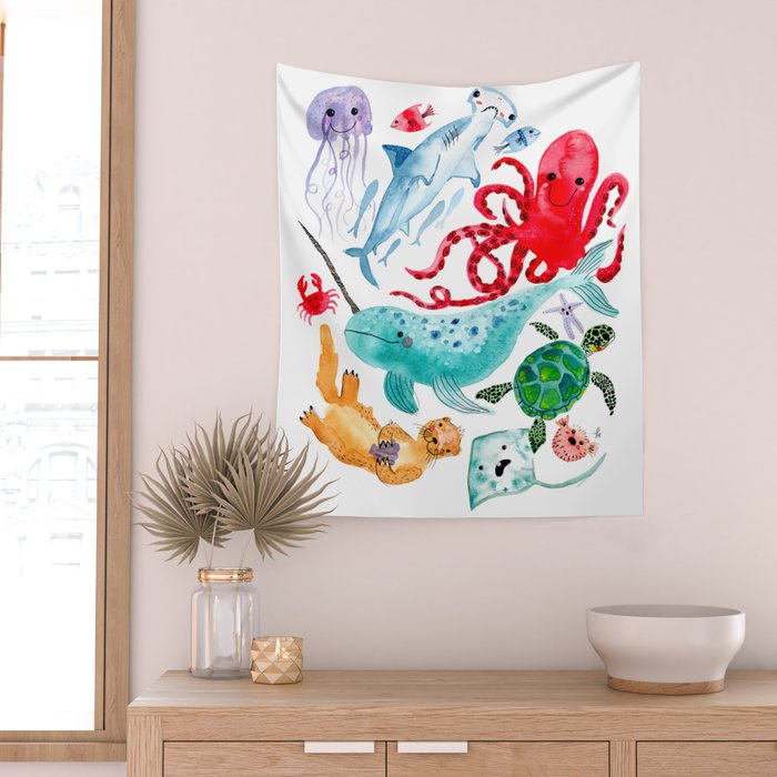 Ocean Creatures - Sea Animals Characters - Watercolor Wall Tapestry Gallery Image 2