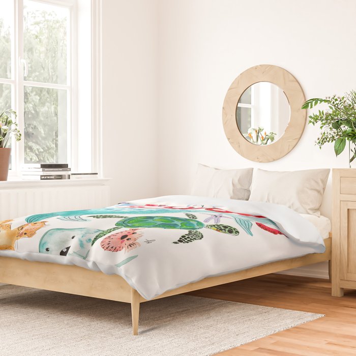 Ocean Creatures - Sea Animals Characters - Watercolor Duvet Cover Gallery Image 2