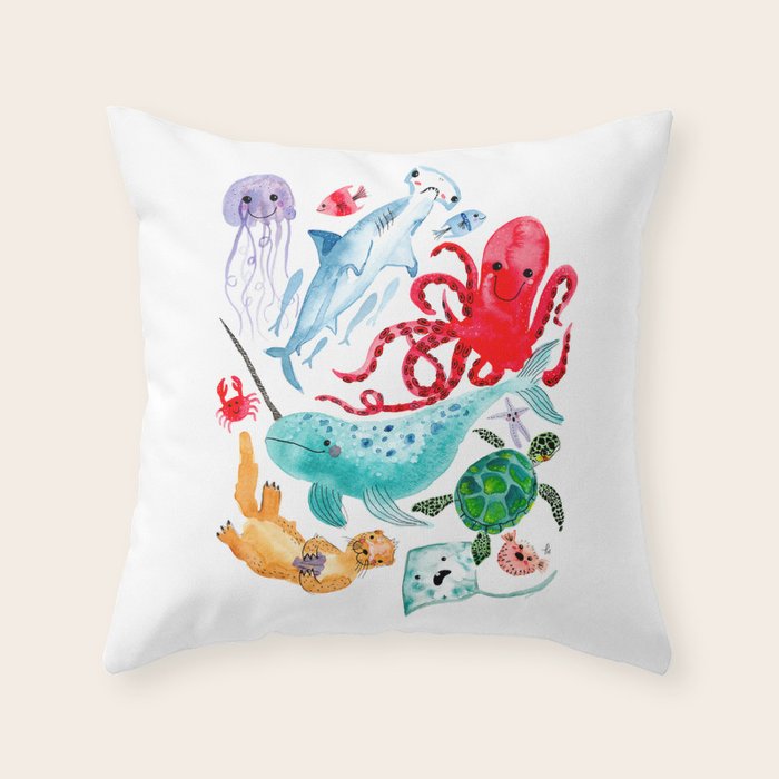 Ocean Creatures - Sea Animals Characters - Watercolor Throw Pillow Gallery Image 1