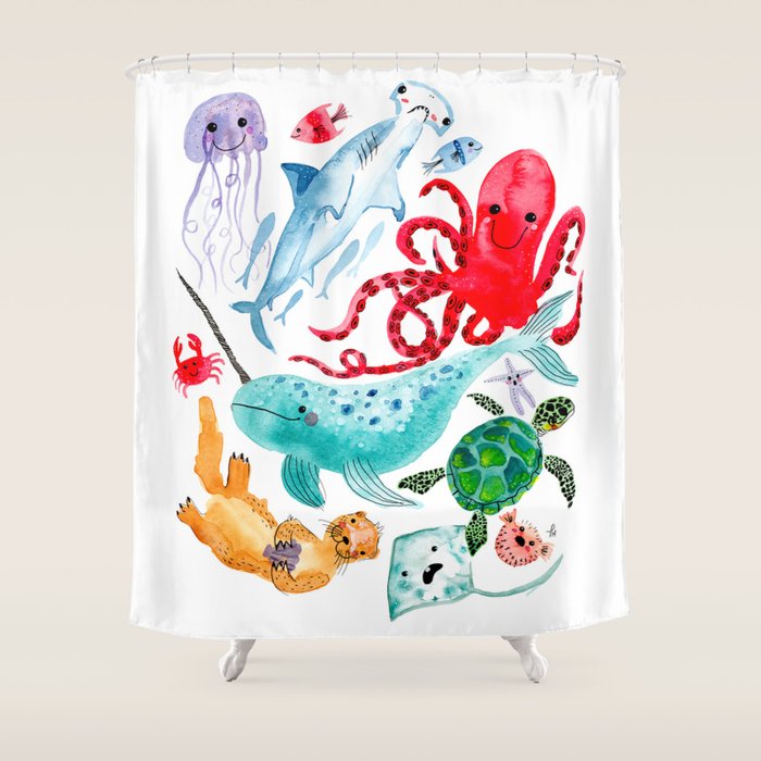 Ocean Creatures - Sea Animals Characters - Watercolor Shower Curtain Gallery Image 1