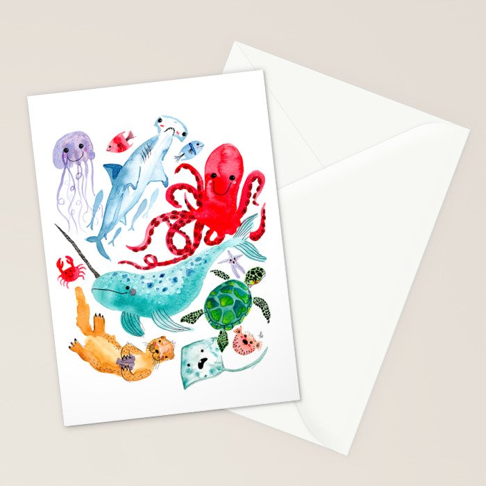 Ocean Creatures - Sea Animals Characters - Watercolor Stationery Card Gallery Image 2