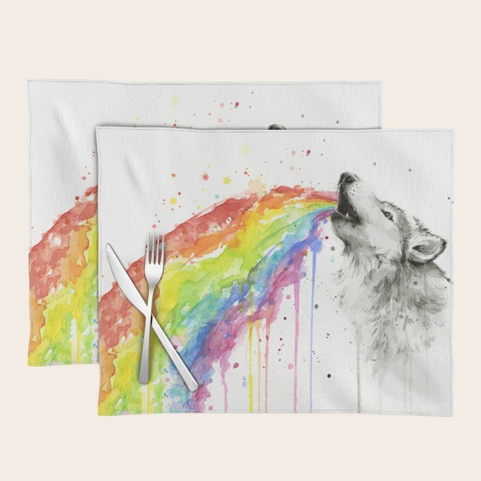 Wolf Howling Rainbow Watercolor Placemat Gallery Image 1