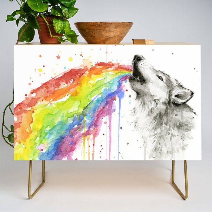 Wolf Howling Rainbow Watercolor Credenza Gallery Image 1