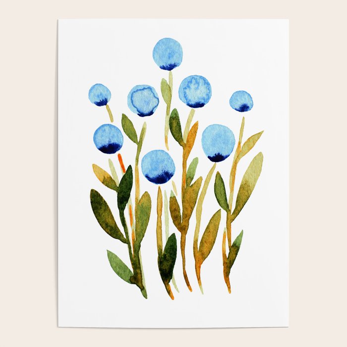 Simple watercolor flowers - blue and sap green Poster Gallery Image 1